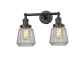 208-OB-G142 2-Light 16" Oil Rubbed Bronze Bath Vanity Light - Clear Chatham Glass - LED Bulb - Dimmensions: 16 x 10 x 10 - Glass Up or Down: Yes