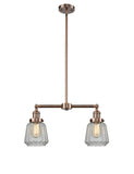 209-AC-G142 2-Light 21" Antique Copper Island Light - Clear Chatham Glass - LED Bulb - Dimmensions: 21 x 5 x 10<br>Minimum Height : 21.875<br>Maximum Height : 45.875 - Sloped Ceiling Compatible: Yes