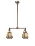 209-AC-G146 2-Light 21" Antique Copper Island Light - Mercury Plated Chatham Glass - LED Bulb - Dimmensions: 21 x 5 x 10<br>Minimum Height : 23.125<br>Maximum Height : 47.125 - Sloped Ceiling Compatible: Yes