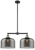 209-BAB-G73-L 2-Light 21" Black Antique Brass Island Light - Plated Smoke X-Large Bell Glass - LED Bulb - Dimmensions: 21 x 5 x 10<br>Minimum Height : 23.125<br>Maximum Height : 47.125 - Sloped Ceiling Compatible: Yes