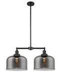 209-BK-G73-L 2-Light 21" Matte Black Island Light - Plated Smoke X-Large Bell Glass - LED Bulb - Dimmensions: 21 x 5 x 10<br>Minimum Height : 23.125<br>Maximum Height : 47.125 - Sloped Ceiling Compatible: Yes