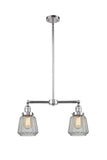 209-PC-G142 2-Light 21" Polished Chrome Island Light - Clear Chatham Glass - LED Bulb - Dimmensions: 21 x 5 x 10<br>Minimum Height : 21.875<br>Maximum Height : 45.875 - Sloped Ceiling Compatible: Yes