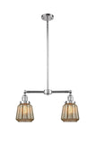 209-PC-G146 2-Light 21" Polished Chrome Island Light - Mercury Plated Chatham Glass - LED Bulb - Dimmensions: 21 x 5 x 10<br>Minimum Height : 23.125<br>Maximum Height : 47.125 - Sloped Ceiling Compatible: Yes