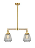 209-SG-G142 2-Light 21" Satin Gold Island Light - Clear Chatham Glass - LED Bulb - Dimmensions: 21 x 5 x 10<br>Minimum Height : 21.875<br>Maximum Height : 45.875 - Sloped Ceiling Compatible: Yes