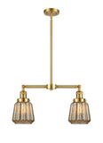 209-SG-G146 2-Light 21" Satin Gold Island Light - Mercury Plated Chatham Glass - LED Bulb - Dimmensions: 21 x 5 x 10<br>Minimum Height : 23.125<br>Maximum Height : 47.125 - Sloped Ceiling Compatible: Yes