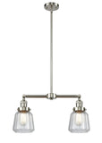 209-SN-G142 2-Light 21" Brushed Satin Nickel Island Light - Clear Chatham Glass - LED Bulb - Dimmensions: 21 x 5 x 10<br>Minimum Height : 21.875<br>Maximum Height : 45.875 - Sloped Ceiling Compatible: Yes