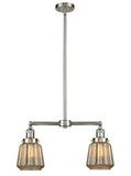 209-SN-G146 2-Light 21" Brushed Satin Nickel Island Light - Mercury Plated Chatham Glass - LED Bulb - Dimmensions: 21 x 5 x 10<br>Minimum Height : 23.125<br>Maximum Height : 47.125 - Sloped Ceiling Compatible: Yes