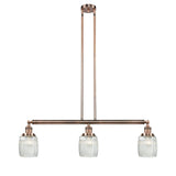 213-AC-G302 3-Light 38" Antique Copper Island Light - Thick Clear Halophane Colton Glass - LED Bulb - Dimmensions: 38 x 5.5 x 11<br>Minimum Height : 20.25<br>Maximum Height : 44.25 - Sloped Ceiling Compatible: Yes