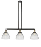213-BAB-G222 3-Light 39" Black Antique Brass Island Light - Clear Halophane Seneca Falls Glass - LED Bulb - Dimmensions: 39 x 9.5 x 13<br>Minimum Height : 22.25<br>Maximum Height : 46.25 - Sloped Ceiling Compatible: Yes