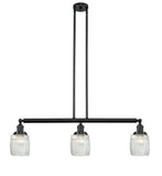 213-BK-G302 3-Light 38" Matte Black Island Light - Thick Clear Halophane Colton Glass - LED Bulb - Dimmensions: 38 x 5.5 x 11<br>Minimum Height : 20.25<br>Maximum Height : 44.25 - Sloped Ceiling Compatible: Yes