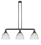 213-OB-G222 3-Light 39" Oil Rubbed Bronze Island Light - Clear Halophane Seneca Falls Glass - LED Bulb - Dimmensions: 39 x 9.5 x 13<br>Minimum Height : 22.25<br>Maximum Height : 46.25 - Sloped Ceiling Compatible: Yes