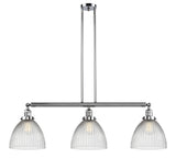 213-PC-G222 3-Light 39" Polished Chrome Island Light - Clear Halophane Seneca Falls Glass - LED Bulb - Dimmensions: 39 x 9.5 x 13<br>Minimum Height : 22.25<br>Maximum Height : 46.25 - Sloped Ceiling Compatible: Yes