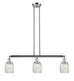 213-PC-G302 3-Light 38" Polished Chrome Island Light - Thick Clear Halophane Colton Glass - LED Bulb - Dimmensions: 38 x 5.5 x 11<br>Minimum Height : 20.25<br>Maximum Height : 44.25 - Sloped Ceiling Compatible: Yes
