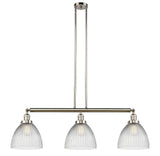 213-PN-G222 3-Light 39" Polished Nickel Island Light - Clear Halophane Seneca Falls Glass - LED Bulb - Dimmensions: 39 x 9.5 x 13<br>Minimum Height : 22.25<br>Maximum Height : 46.25 - Sloped Ceiling Compatible: Yes