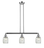 213-PN-G302 3-Light 38" Polished Nickel Island Light - Thick Clear Halophane Colton Glass - LED Bulb - Dimmensions: 38 x 5.5 x 11<br>Minimum Height : 20.25<br>Maximum Height : 44.25 - Sloped Ceiling Compatible: Yes