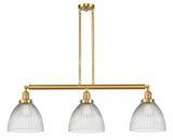 213-SG-G222 3-Light 39" Satin Gold Island Light - Clear Halophane Seneca Falls Glass - LED Bulb - Dimmensions: 39 x 9.5 x 13<br>Minimum Height : 22.25<br>Maximum Height : 46.25 - Sloped Ceiling Compatible: Yes