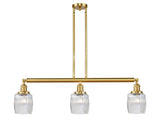 213-SG-G302 3-Light 38" Satin Gold Island Light - Thick Clear Halophane Colton Glass - LED Bulb - Dimmensions: 38 x 5.5 x 11<br>Minimum Height : 20.25<br>Maximum Height : 44.25 - Sloped Ceiling Compatible: Yes