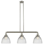 213-SN-G222 3-Light 39" Brushed Satin Nickel Island Light - Clear Halophane Seneca Falls Glass - LED Bulb - Dimmensions: 39 x 9.5 x 13<br>Minimum Height : 22.25<br>Maximum Height : 46.25 - Sloped Ceiling Compatible: Yes