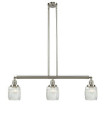 213-SN-G302 3-Light 38" Brushed Satin Nickel Island Light - Thick Clear Halophane Colton Glass - LED Bulb - Dimmensions: 38 x 5.5 x 11<br>Minimum Height : 20.25<br>Maximum Height : 44.25 - Sloped Ceiling Compatible: Yes