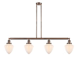 214-AC-G661-7 4-Light 50" Antique Copper Island Light - Matte White Cased Small Bullet Glass - LED Bulb - Dimmensions: 50 x 7 x 15.25<br>Minimum Height : 24.25<br>Maximum Height : 48.25 - Sloped Ceiling Compatible: Yes
