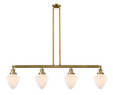 214-BB-G661-7 4-Light 50" Brushed Brass Island Light - Matte White Cased Small Bullet Glass - LED Bulb - Dimmensions: 50 x 7 x 15.25<br>Minimum Height : 24.25<br>Maximum Height : 48.25 - Sloped Ceiling Compatible: Yes