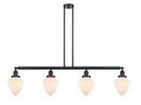 214-BK-G661-7 4-Light 50" Matte Black Island Light - Matte White Cased Small Bullet Glass - LED Bulb - Dimmensions: 50 x 7 x 15.25<br>Minimum Height : 24.25<br>Maximum Height : 48.25 - Sloped Ceiling Compatible: Yes