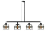 214-BK-G78-CE 4-Light 52.625" Matte Black Island Light - Silver Plated Mercury Large Bell Cage Glass - LED Bulb - Dimmensions: 52.625 x 8 x 10<br>Minimum Height : 20.5<br>Maximum Height : 44.5 - Sloped Ceiling Compatible: Yes