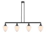 214-OB-G661-7 4-Light 50" Oil Rubbed Bronze Island Light - Matte White Cased Small Bullet Glass - LED Bulb - Dimmensions: 50 x 7 x 15.25<br>Minimum Height : 24.25<br>Maximum Height : 48.25 - Sloped Ceiling Compatible: Yes