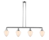 214-PC-G661-7 4-Light 50" Polished Chrome Island Light - Matte White Cased Small Bullet Glass - LED Bulb - Dimmensions: 50 x 7 x 15.25<br>Minimum Height : 24.25<br>Maximum Height : 48.25 - Sloped Ceiling Compatible: Yes
