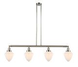 214-PN-G661-7 4-Light 50" Polished Nickel Island Light - Matte White Cased Small Bullet Glass - LED Bulb - Dimmensions: 50 x 7 x 15.25<br>Minimum Height : 24.25<br>Maximum Height : 48.25 - Sloped Ceiling Compatible: Yes