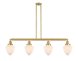 214-SG-G661-7 4-Light 50" Satin Gold Island Light - Matte White Cased Small Bullet Glass - LED Bulb - Dimmensions: 50 x 7 x 15.25<br>Minimum Height : 24.25<br>Maximum Height : 48.25 - Sloped Ceiling Compatible: Yes