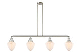 214-SN-G661-7 4-Light 50" Brushed Satin Nickel Island Light - Matte White Cased Small Bullet Glass - LED Bulb - Dimmensions: 50 x 7 x 15.25<br>Minimum Height : 24.25<br>Maximum Height : 48.25 - Sloped Ceiling Compatible: Yes