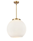 221-3S-BB-G121-16 3-Light 15.75" Brushed Brass Pendant - Cased Matte White Large Athens Glass - LED Bulb - Dimmensions: 15.75 x 15.75 x 16.375<br>Minimum Height : 26<br>Maximum Height : 50 - Sloped Ceiling Compatible: Yes