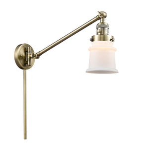 1-Light 8" Antique Brass Swing Arm - Matte White Small Canton Glass LED - w/Switch