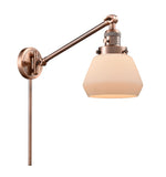 237-AC-G171 1-Light 8" Antique Copper Swing Arm - Matte White Cased Fulton Glass - LED Bulb - Dimmensions: 8 x 35 x 25 - Glass Up or Down: Yes