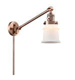 237-AC-G181S 1-Light 8" Antique Copper Swing Arm - Matte White Small Canton Glass - LED Bulb - Dimmensions: 8 x 35 x 25 - Glass Up or Down: Yes