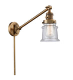 237-BB-G184S 1-Light 8" Brushed Brass Swing Arm - Seedy Small Canton Glass - LED Bulb - Dimmensions: 8 x 35 x 25 - Glass Up or Down: Yes