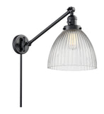 237-BK-G222 1-Light 9.5" Matte Black Swing Arm - Clear Halophane Seneca Falls Glass - LED Bulb - Dimmensions: 9.5 x 18 x 16 - Glass Up or Down: Yes