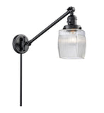 237-BK-G302 1-Light 8" Matte Black Swing Arm - Thick Clear Halophane Colton Glass - LED Bulb - Dimmensions: 8 x 30 x 25 - Glass Up or Down: Yes