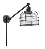 237-BK-G72-CE 1-Light 8" Matte Black Swing Arm - Clear Large Bell Cage Glass - LED Bulb - Dimmensions: 8 x 21 x 25 - Glass Up or Down: Yes