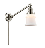237-PN-G181S 1-Light 8" Polished Nickel Swing Arm - Matte White Small Canton Glass - LED Bulb - Dimmensions: 8 x 35 x 25 - Glass Up or Down: Yes