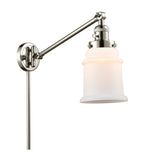 237-PN-G181 1-Light 8" Polished Nickel Swing Arm - Matte White Canton Glass - LED Bulb - Dimmensions: 8 x 18 x 25 - Glass Up or Down: Yes