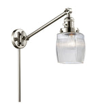 237-PN-G302 1-Light 8" Polished Nickel Swing Arm - Thick Clear Halophane Colton Glass - LED Bulb - Dimmensions: 8 x 30 x 25 - Glass Up or Down: Yes