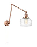 238-AC-G713 1-Light 8" Antique Copper Swing Arm - Clear Deco Swirl Large Bell Glass - LED Bulb - Dimmensions: 8 x 30 x 30 - Glass Up or Down: Yes