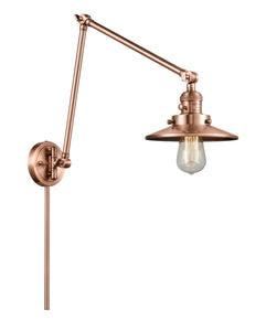 1-Light 8" Antique Copper Swing Arm - Antique Copper Railroad Shade - Incandesent Or LED Bulbs