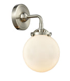 284-1W-SN-G201-6 1-Light 6" Brushed Satin Nickel Sconce - Matte White Cased Beacon Glass - LED Bulb - Dimmensions: 6 x 7.25 x 9 - Glass Up or Down: Yes