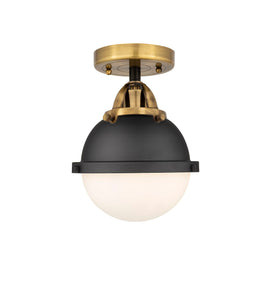 288-1C-BAB-HFS-61-BK 1-Light 7.25" Matte Black Semi-Flush Mount - Matte White Hampden Glass - LED Bulb - Dimmensions: 7.25 x 7.25 x 9.625 - Sloped Ceiling Compatible: No