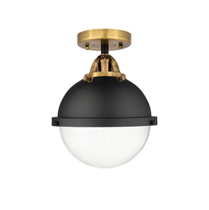 288-1C-BAB-HFS-82-BK 1-Light 9" Matte Black Semi-Flush Mount - Clear Hampden Glass - LED Bulb - Dimmensions: 9 x 9 x 13.375 - Sloped Ceiling Compatible: No