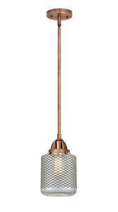 288-1S-AC-G262 Stem Hung 6" Antique Copper Mini Pendant - Vintage Wire Mesh Stanton Glass - LED Bulb - Dimmensions: 6 x 6 x 10.5<br>Minimum Height : 20<br>Maximum Height : 44 - Sloped Ceiling Compatible: Yes