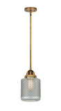 288-1S-BB-G262 Stem Hung 6" Brushed Brass Mini Pendant - Vintage Wire Mesh Stanton Glass - LED Bulb - Dimmensions: 6 x 6 x 10.5<br>Minimum Height : 20<br>Maximum Height : 44 - Sloped Ceiling Compatible: Yes